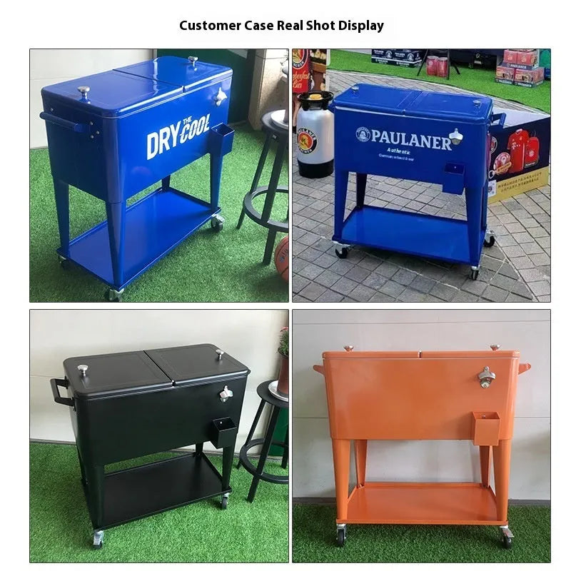Red outdoor metal insulated trolley with 750ml cooling box for picnics