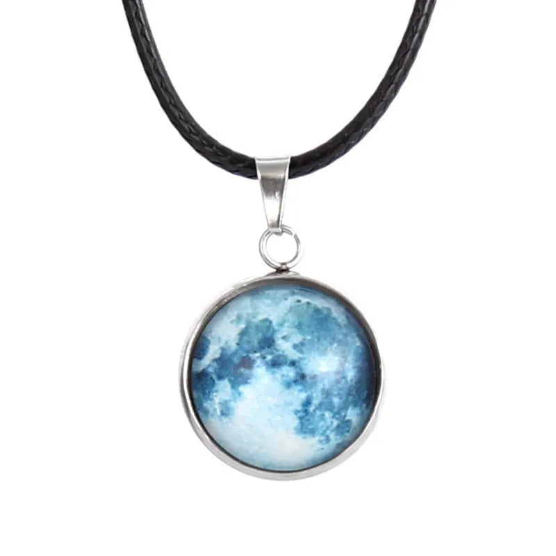 Christmas constellation pendant necklace with luminous alloy chain and blue night sky glass pendant.