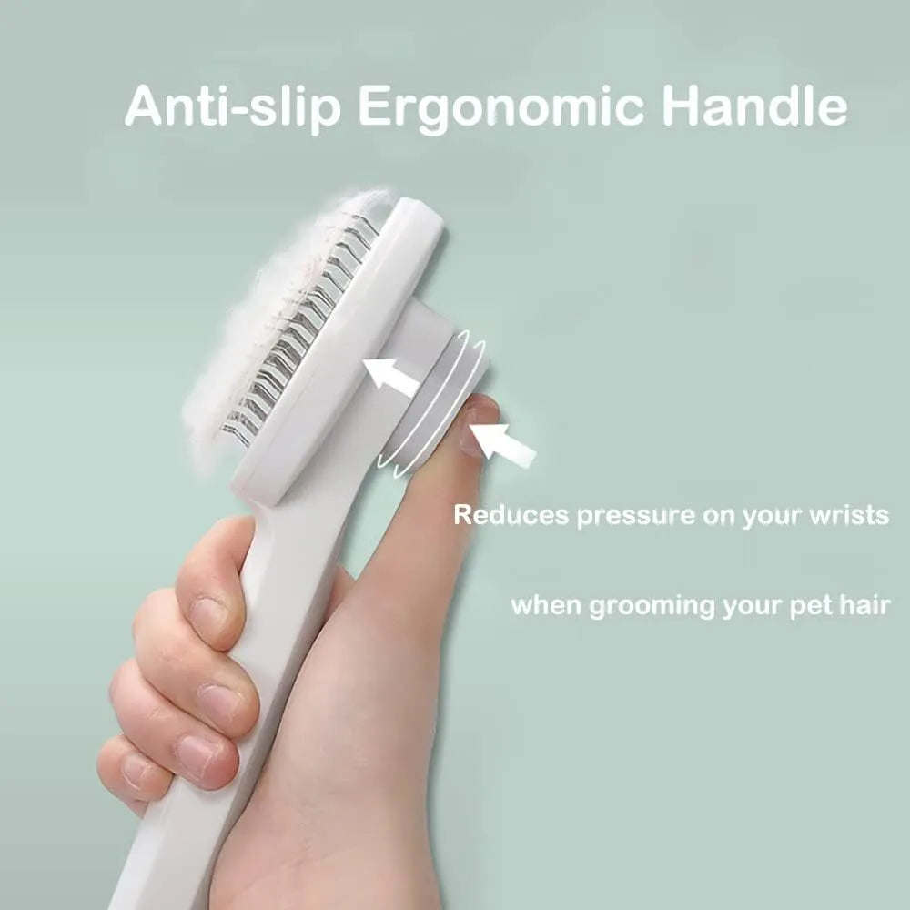 Blue self-cleaning pet grooming brush with round-tipped metal pins and a rubber handle.