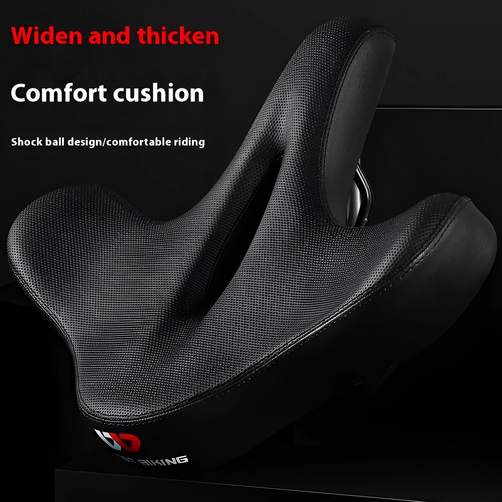 Black bicycle seat cushion with leather exterior and foam padding for shock absorption