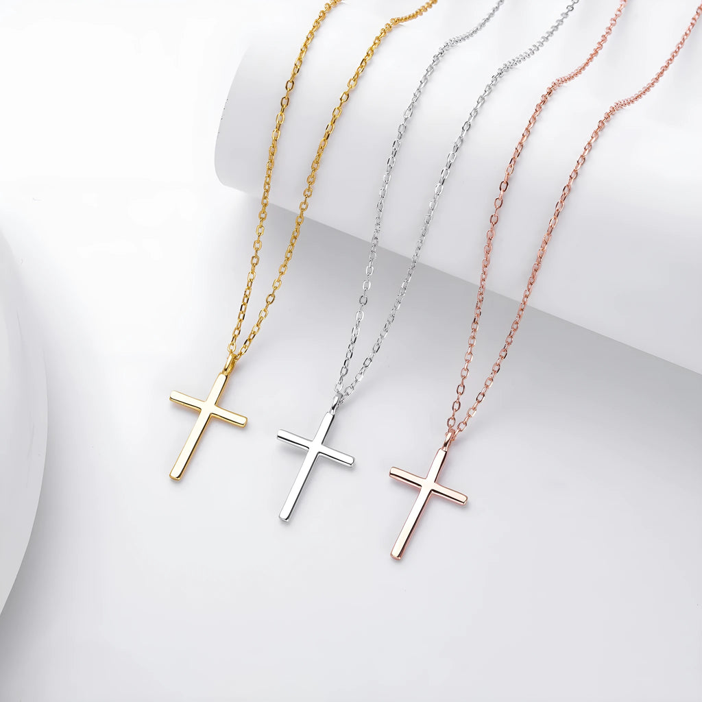 S925 sterling silver cross pendant necklace on an adjustable O-chain in gold plated finish