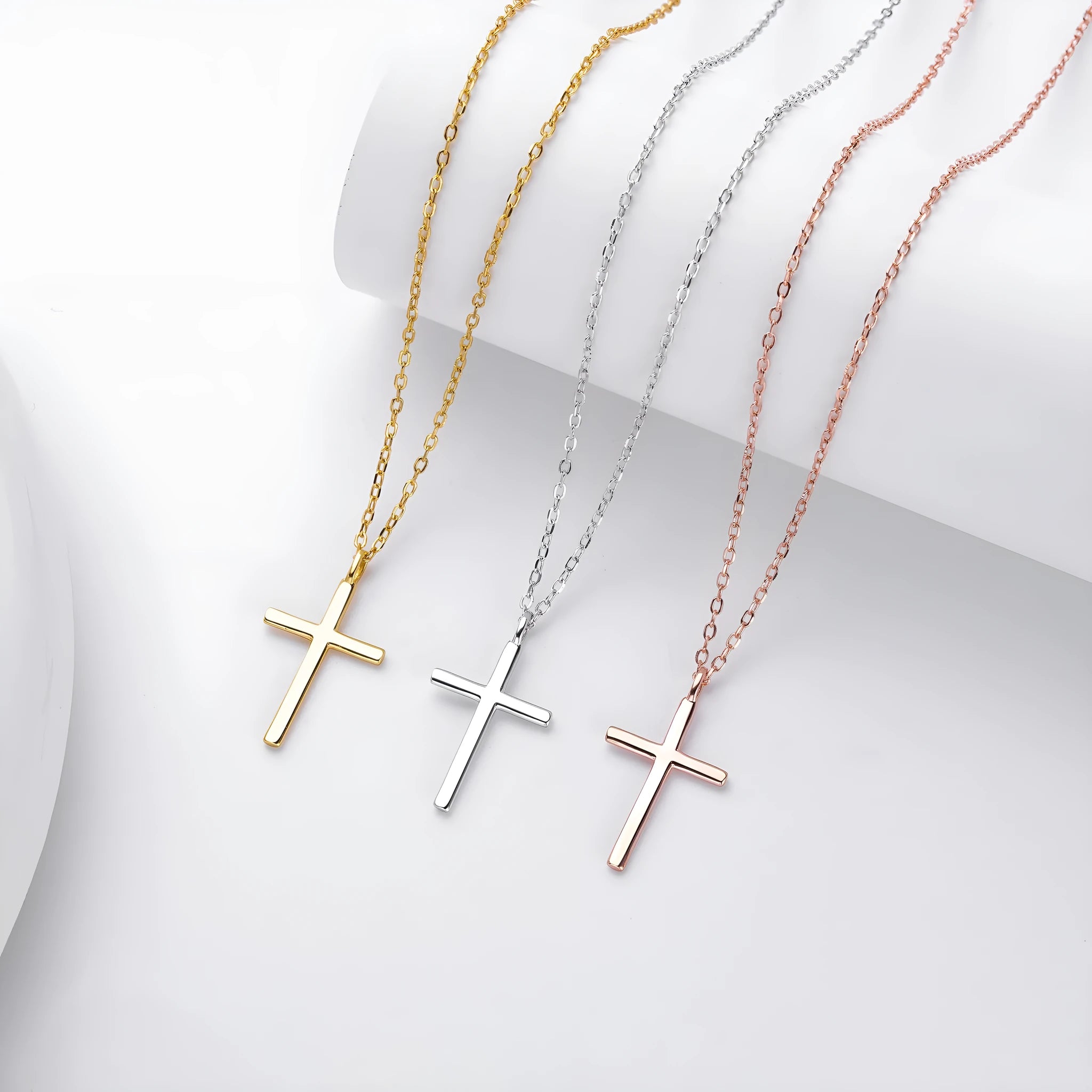 S925 sterling silver cross pendant necklace on an adjustable O-chain in gold plated finish
