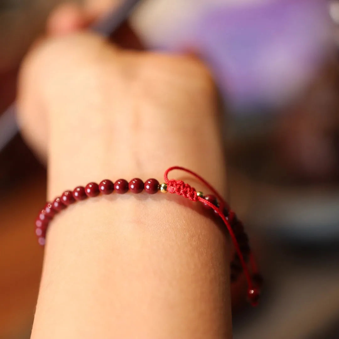 Natural raw ore cinnabar bracelet with purple gold sand design, geometric shape, and auspicious patterns, Chinese style