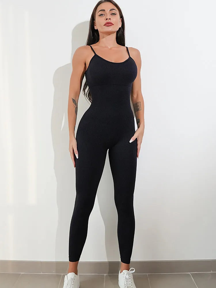 Women's black sleeveless jumpsuit with spaghetti straps and a backless design