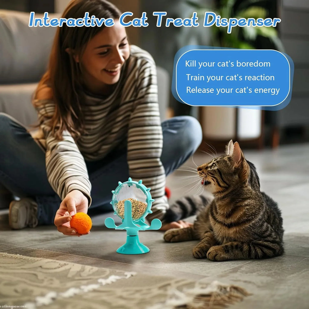 Interactive pet puzzle toy with rotating spinner and bottom sucker for cats and small dogs
