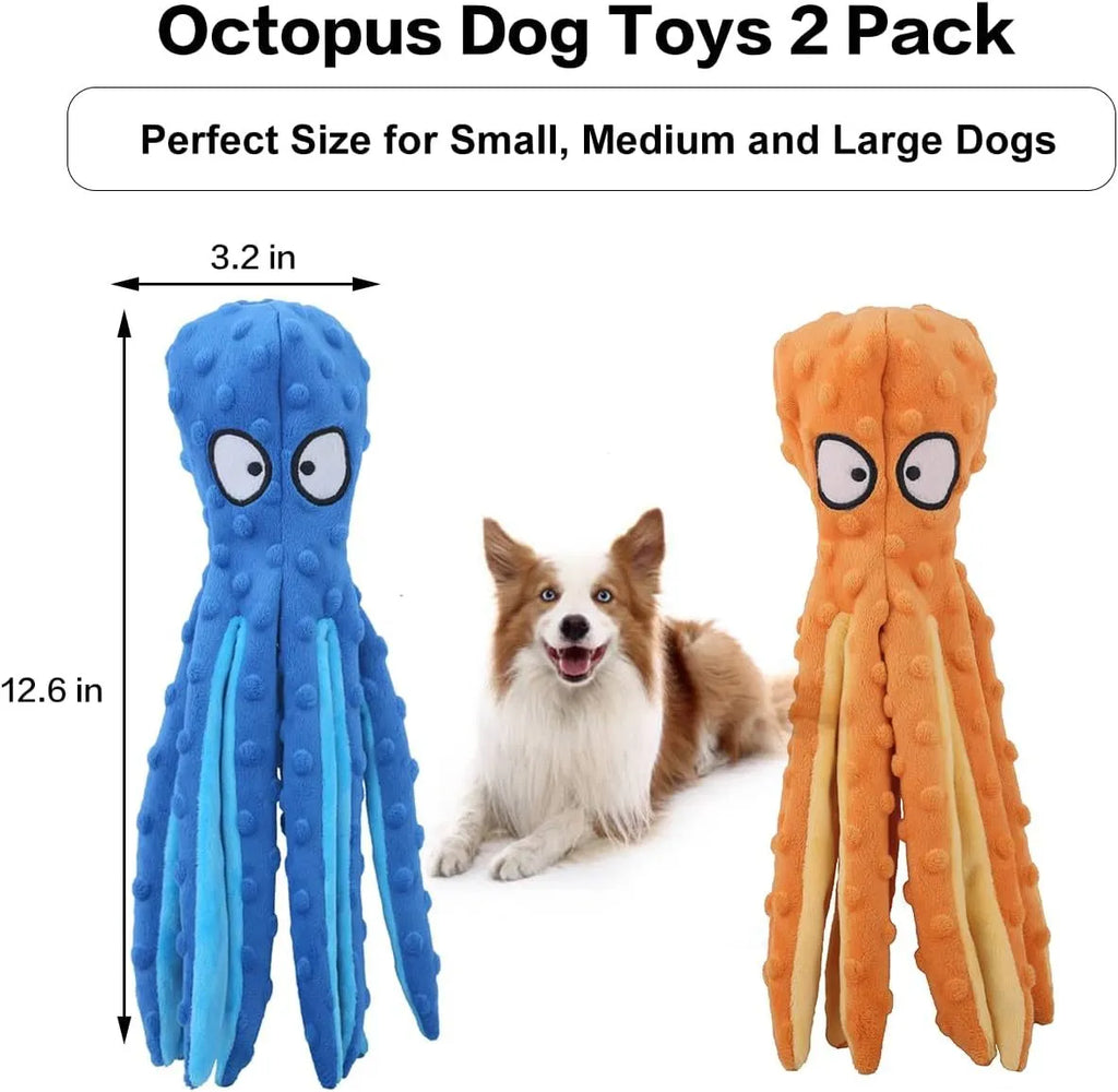 Blue dog squeaky toy octopus no stuffing crinkle plush on white background