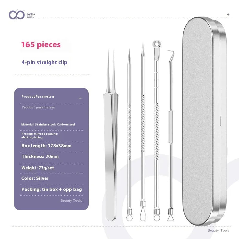 Four silver metal acne needles with fine pointed tips laid out on a surface.