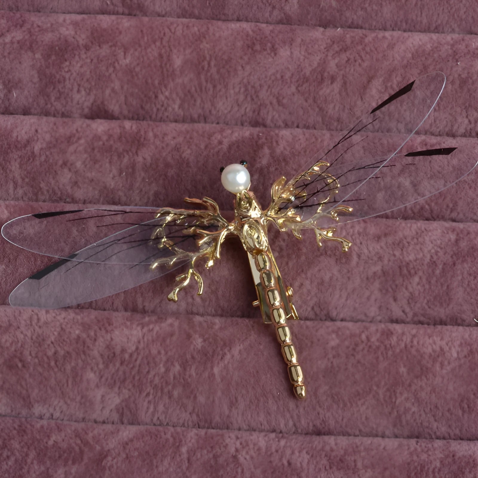 European golden dragonfly side clip headdress in gold-tone alloy with electroplated finish for women