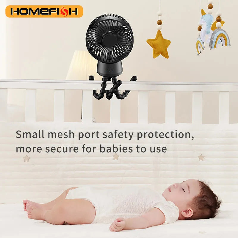 HOMEFISH F2 handheld fan with automatic shake head, LED light, mounted on a removable bracket.