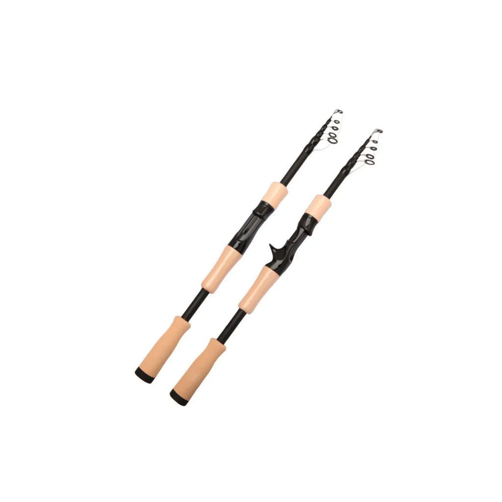 Glass fibre telescopic lure fishing rod with straight handle, collapsed for transport, white EVA grip