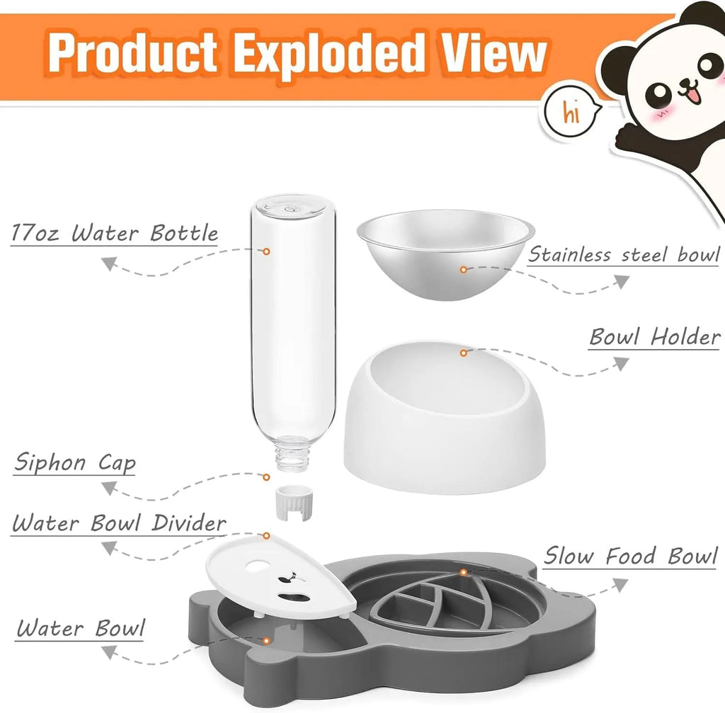 Grey and green panda-shaped elevated pet feeder with automatic water bottle and two tilted stainless steel bowls.
