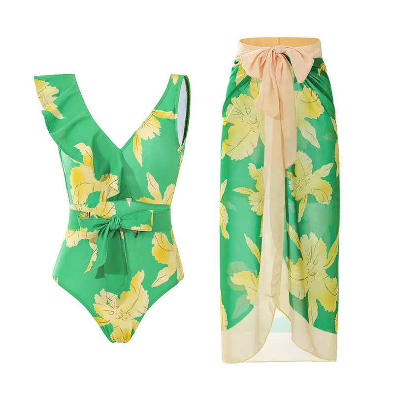Women's solid colour one-piece swimsuit with spaghetti straps and removable matching skirt
