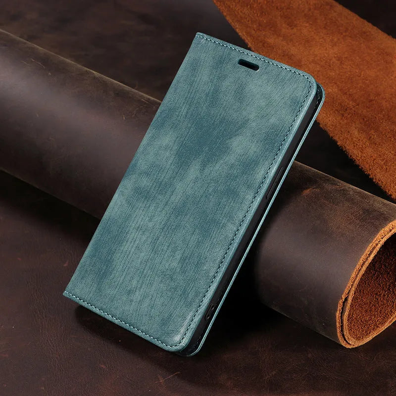 Magnetic flip phone case for iPhone in genuine leather and TPU, shown in grey colour with flap closed.