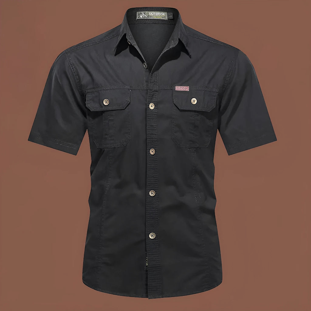 Men's short sleeve cotton work shirt in a loose fit, shown in a choice of colours including army green and blue.
