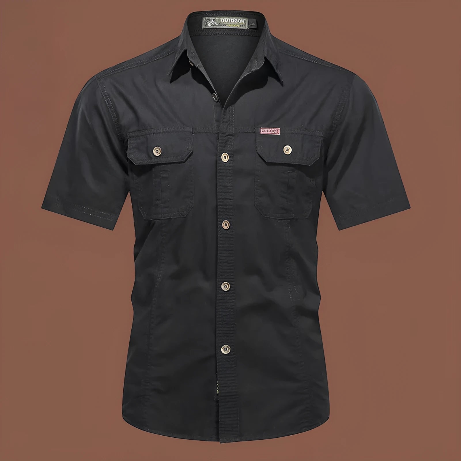 Men's short sleeve cotton work shirt in a loose fit, shown in a choice of colours including army green and blue.