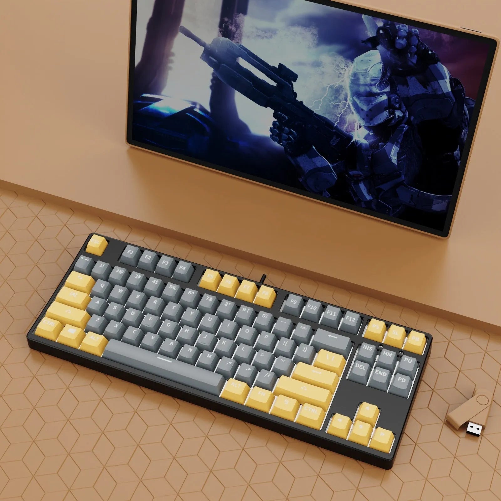 87-key wired mechanical gaming keyboard with colourful keycaps on a metal frame, shown with key puller and cable.