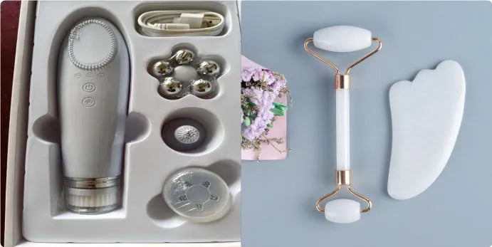 White jade double-headed facial roller and gua sha scraping board set on a storage tray.