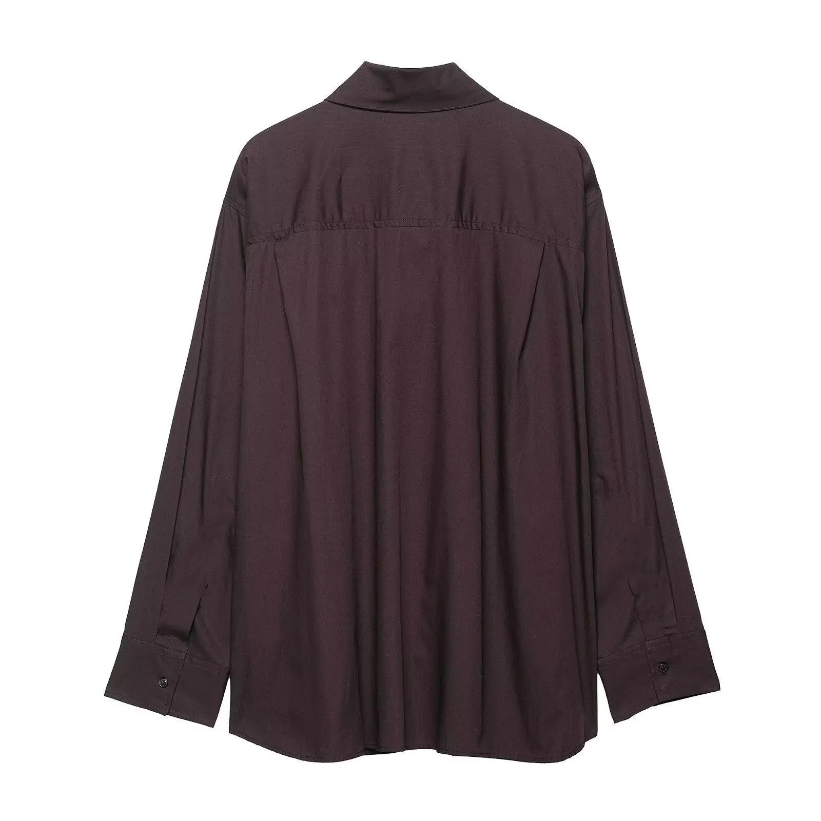 Women's brown loose-fit long sleeve poplin shirt with attached scarf bow tie, front view