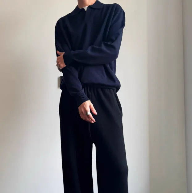Men's pure wool polo sweater with lapel collar in loose fit, available in navy blue and milky white