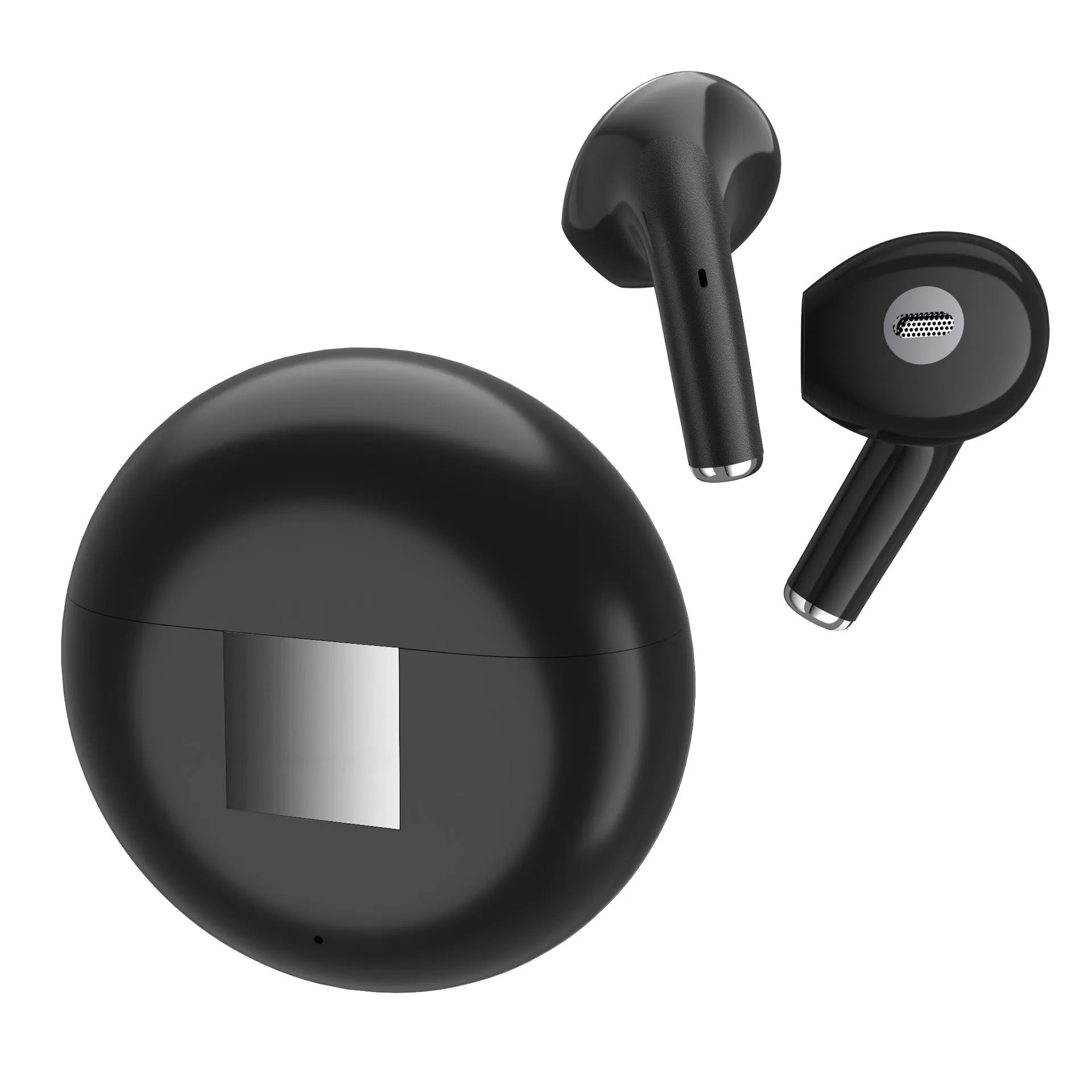 White Budz5 semi-in-ear wireless Bluetooth headphones with charging case on a white background