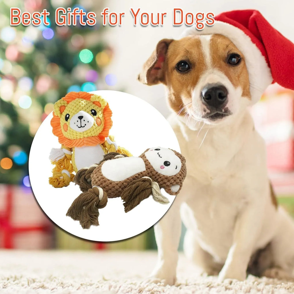 Lion and monkey plush squeaky dog toys showing size comparison with squeakers inside