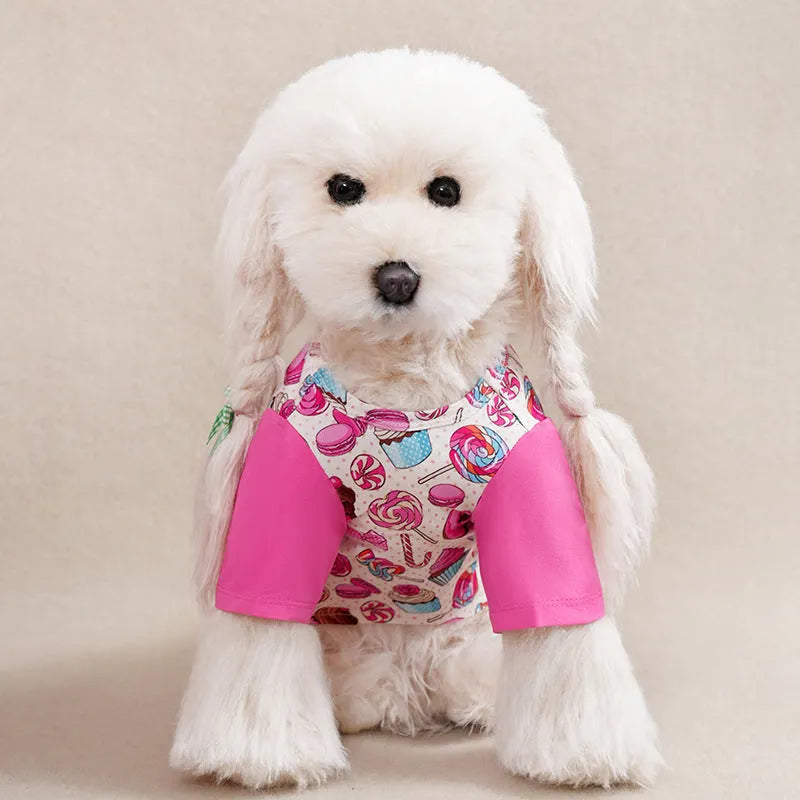 Small dog wearing printed polyester T-shirt with size chart showing bust and length measurements