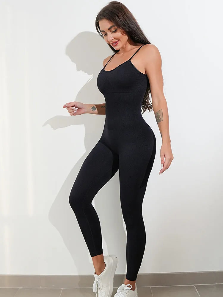 Women's black sleeveless jumpsuit with spaghetti straps and a backless design