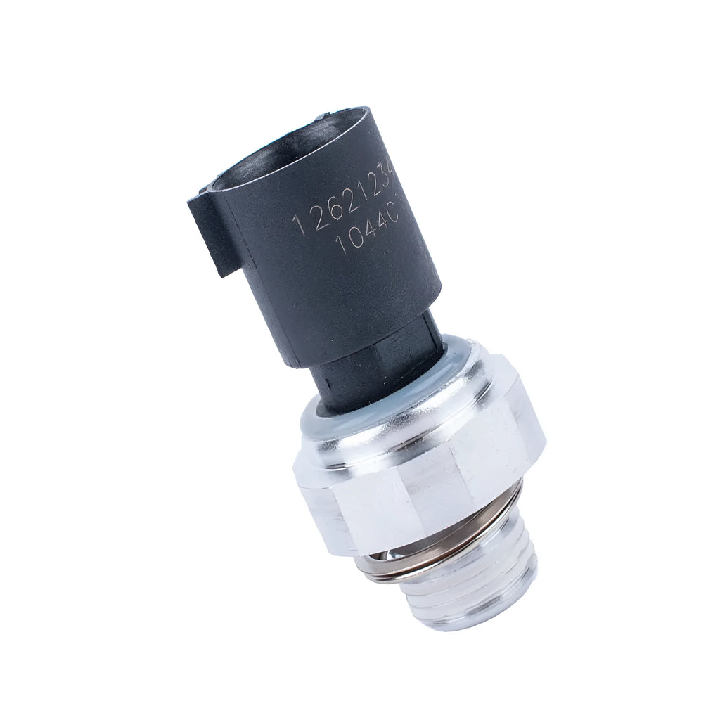 Silver-coloured automobile fuel pressure sensor with cylindrical design and electrical connectors