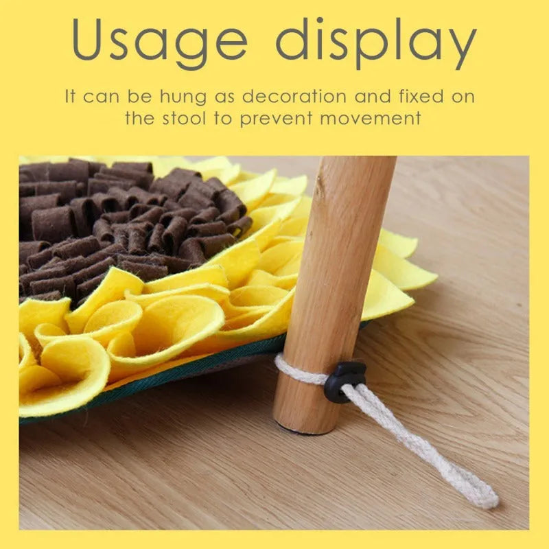 Yellow sunflower-shaped non-slip dog snuffle mat with fleece layers for slow feeding and nosework training