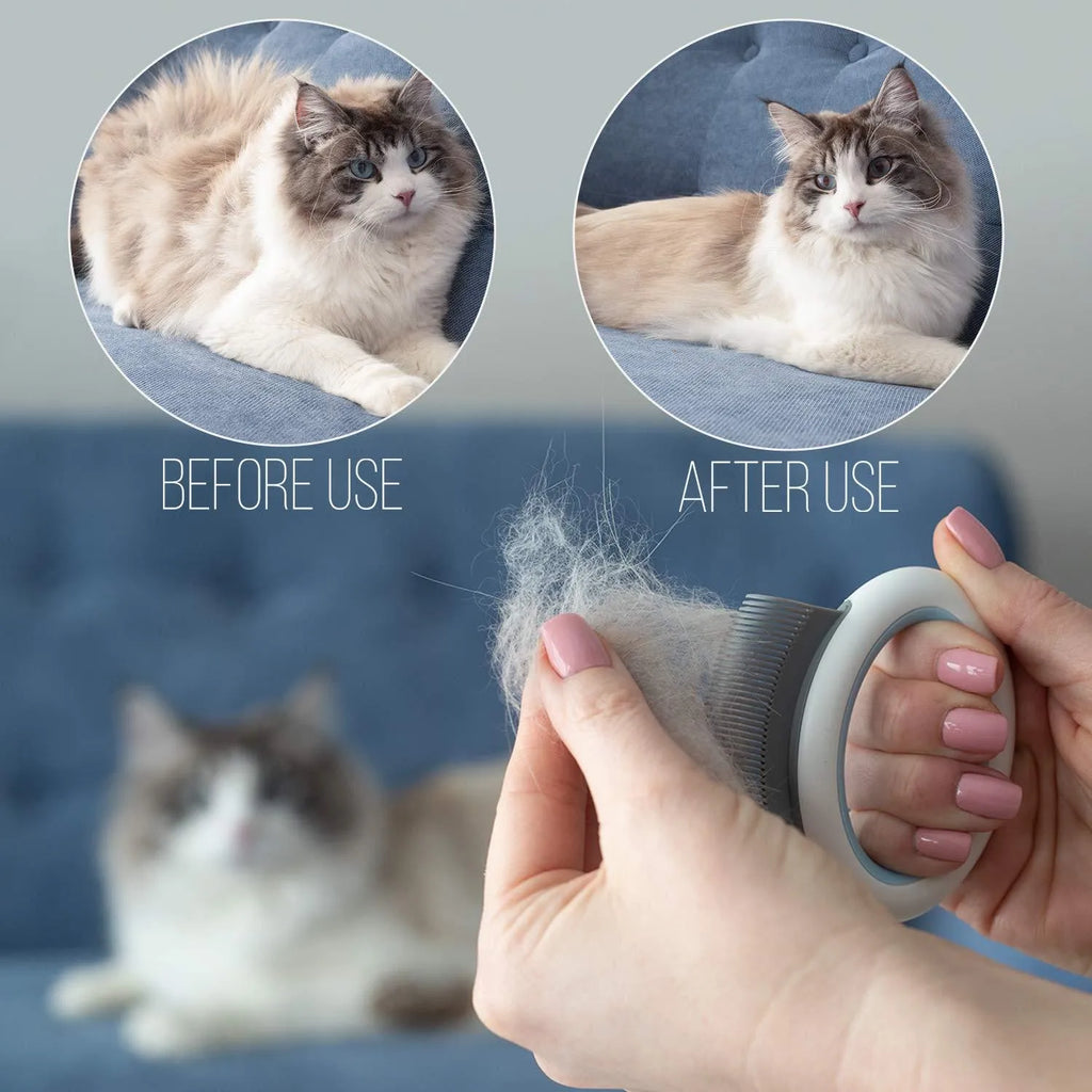 Blue pet grooming comb with ergonomic handle for cat and dog deshedding