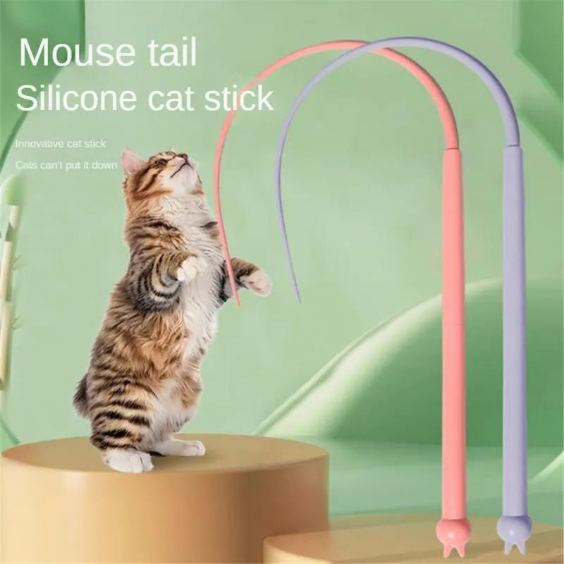 Blue silicone mouse tail cat toy stick measuring 80cm long with cat head design