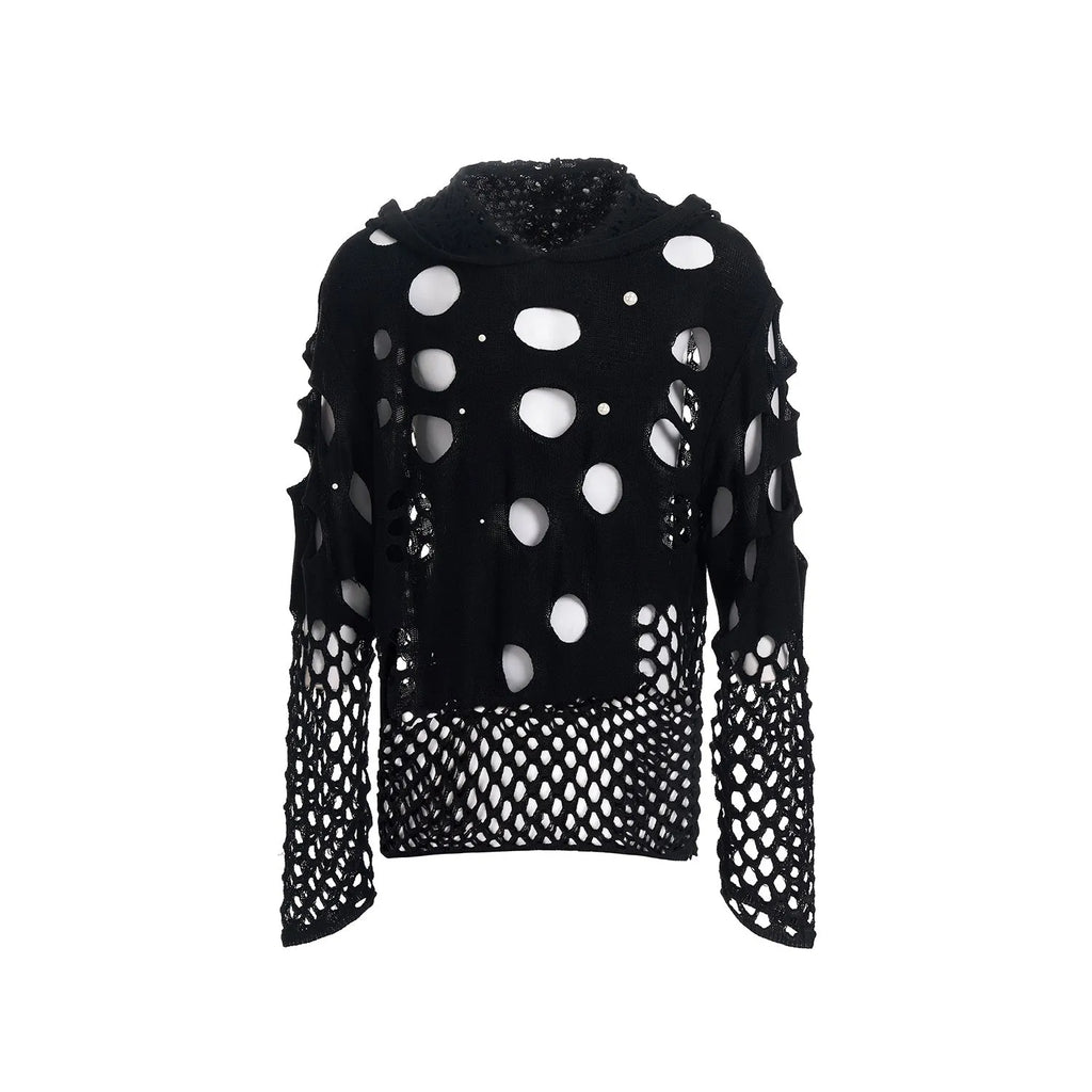 Black men's loose hoodie with pearl decoration on the hood, shown as a thin spring sweater.