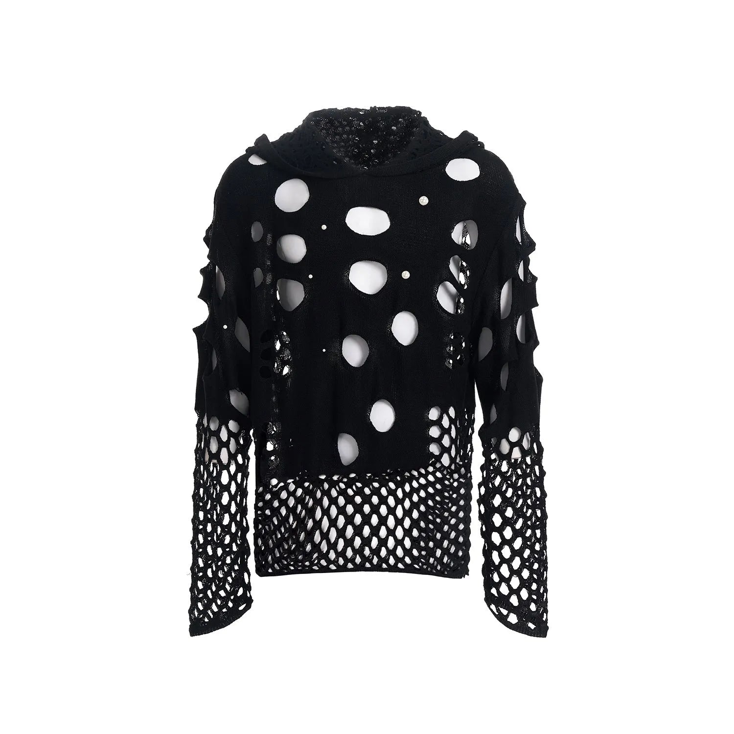 Black men's loose hoodie with pearl decoration on the hood, shown as a thin spring sweater.
