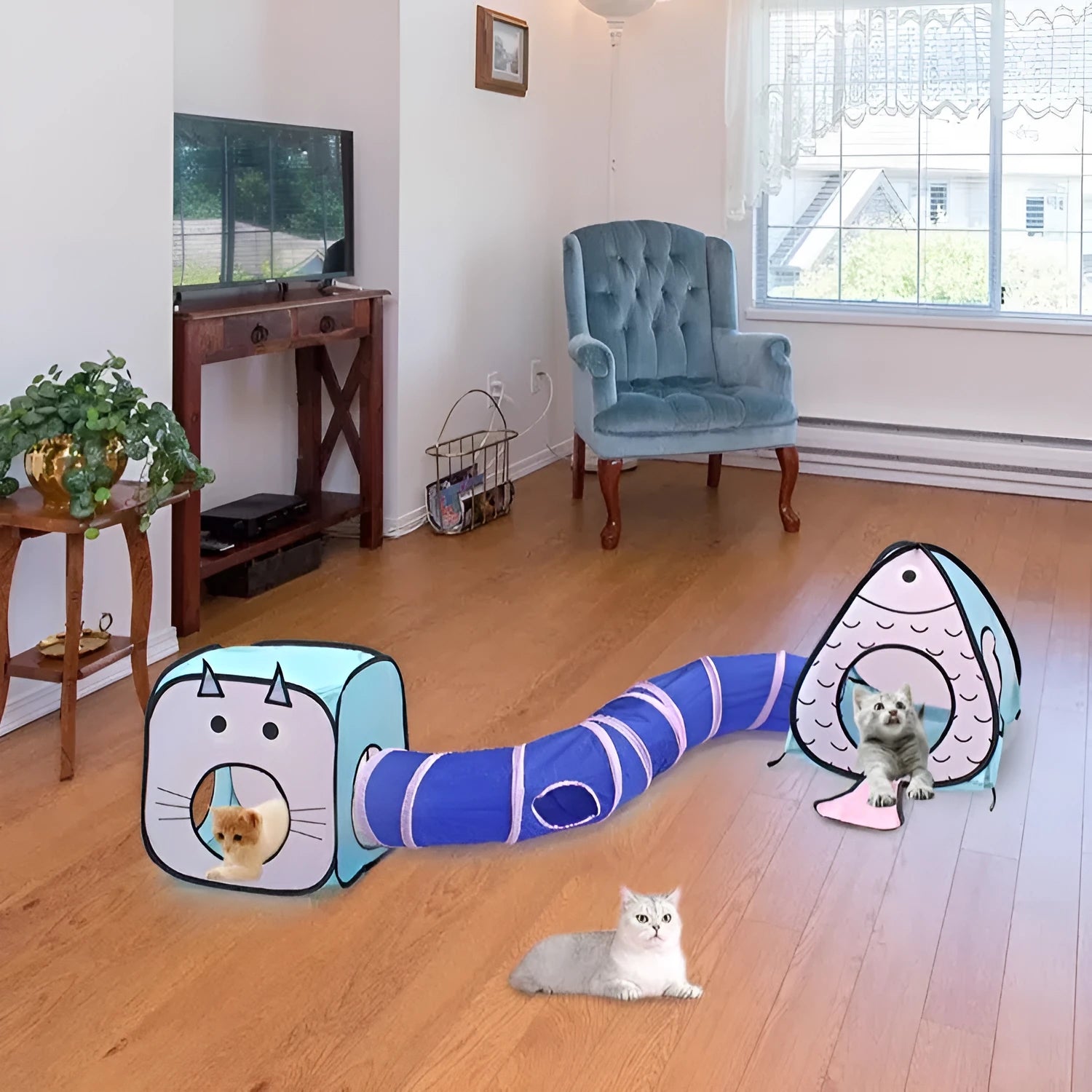 Foldable cat tent and tunnel toy set with colourful cat fish pattern design