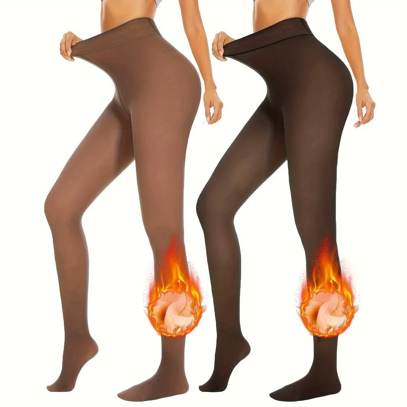 Anti-snagging wool-lined nylon leggings shown in black and coffee colour options with footed design.