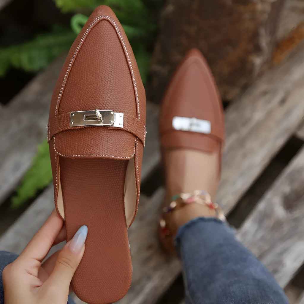 Light brown women's pointed-toe low heel casual semi-slippers on a neutral background