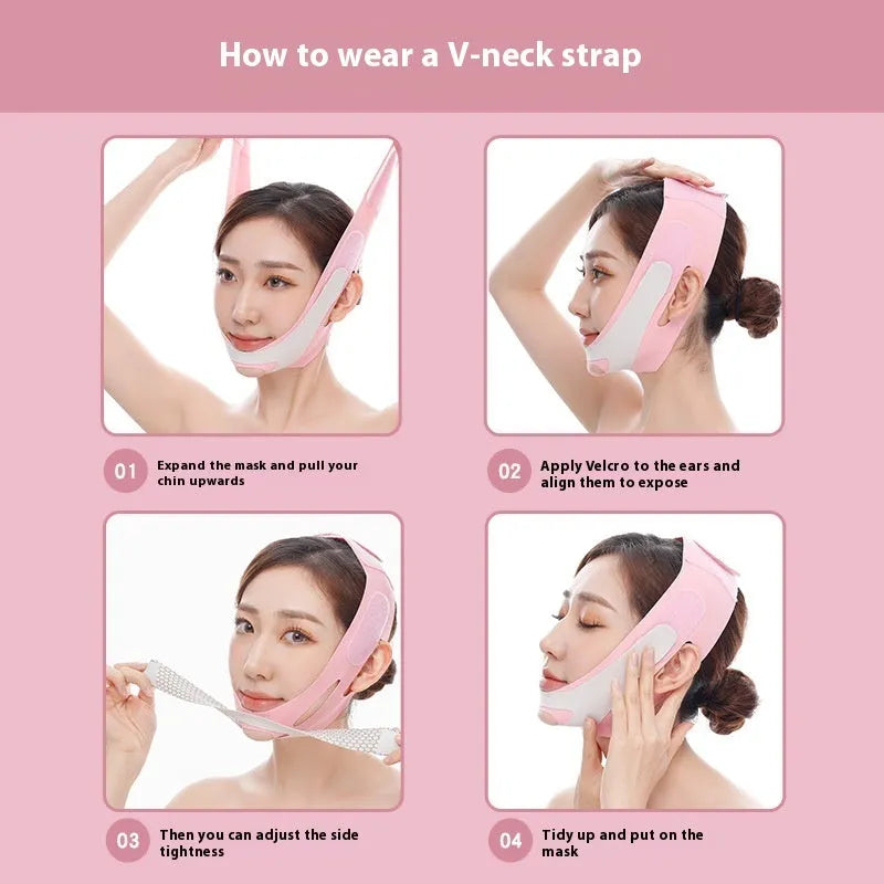 Pink and black elastic V-shaped face bandage for facial contouring and skincare support