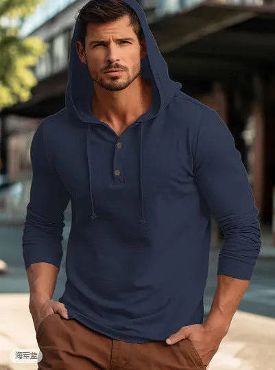 Cotton pullover hoodie top in one of six colours: dark blue, apricot, black, blue, white, or light green.