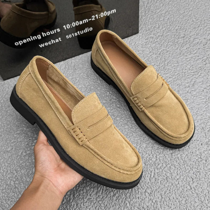 Men's slip-on retro casual shoes in beige, microfiber upper, rubber sole, side view