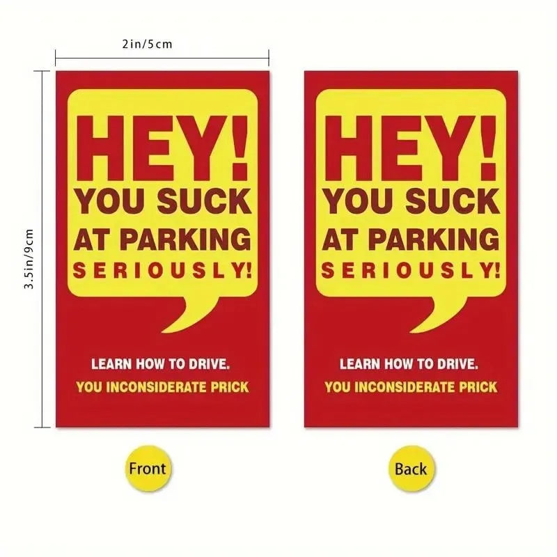 Red parking violation card reading You Park Like An Idiot on copperplate paper, pack of 50 sheets