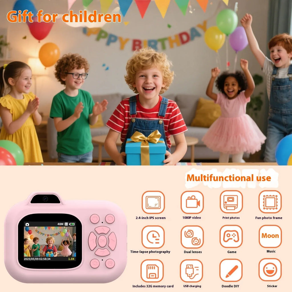 Children's plastic camera toy in blue, pink or purple with video recording and game functions
