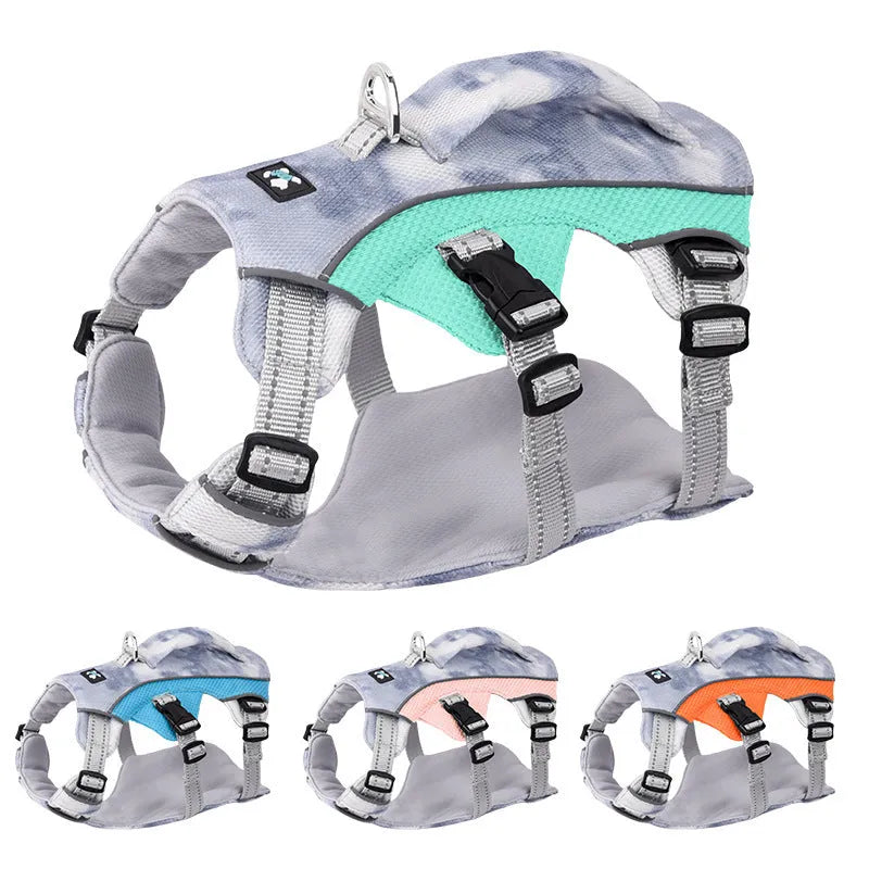 Reflective light blue dog cooling chest strap harness with metal chain ring.