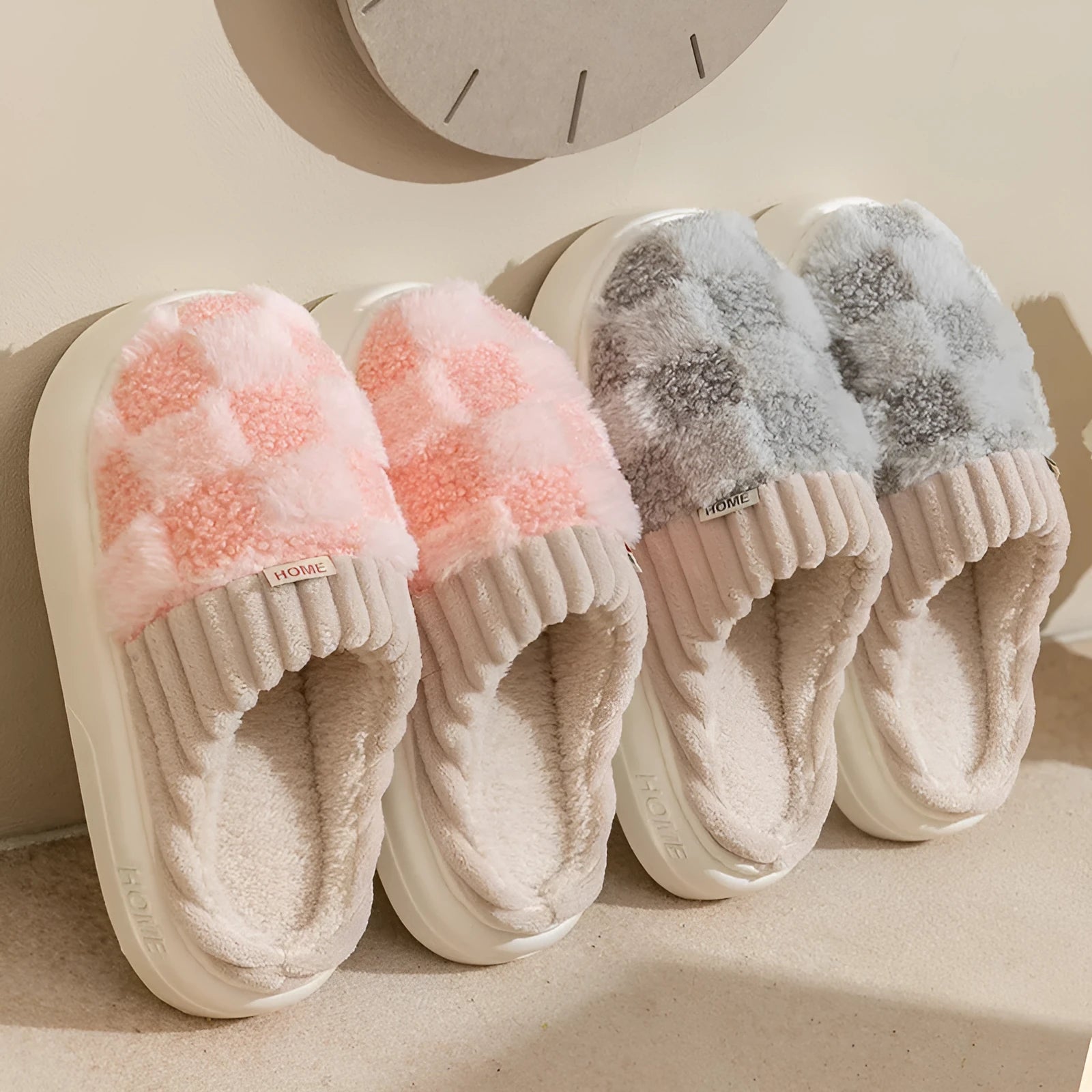 Women's plaid plush slippers in grey with a coral velvet upper and textured non-slip PVC sole.
