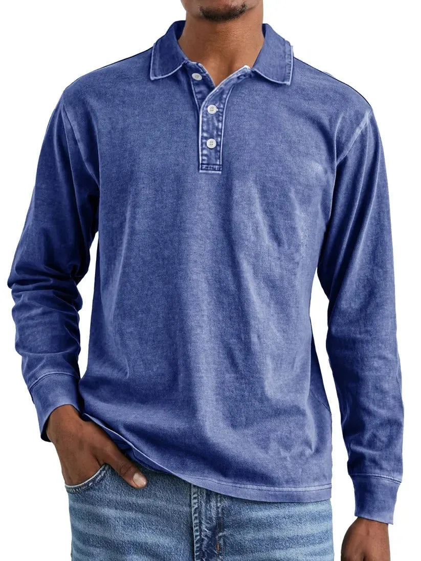 Men's retro washed distressed lapel polo shirt in pure cotton, shown in Army Green colour.