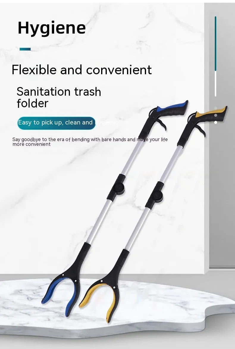 Foldable aluminium garbage pick-up clamp with extended silver rod and blue handle, showing magnet sucker.
