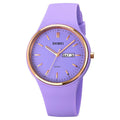 Silicone quartz watch for women with white strap, 42mm dial, calendar window, and pin buckle