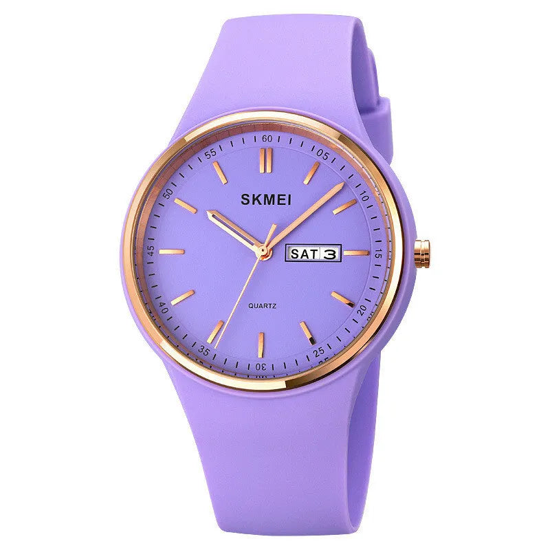 Silicone quartz watch for women with white strap, 42mm dial, calendar window, and pin buckle