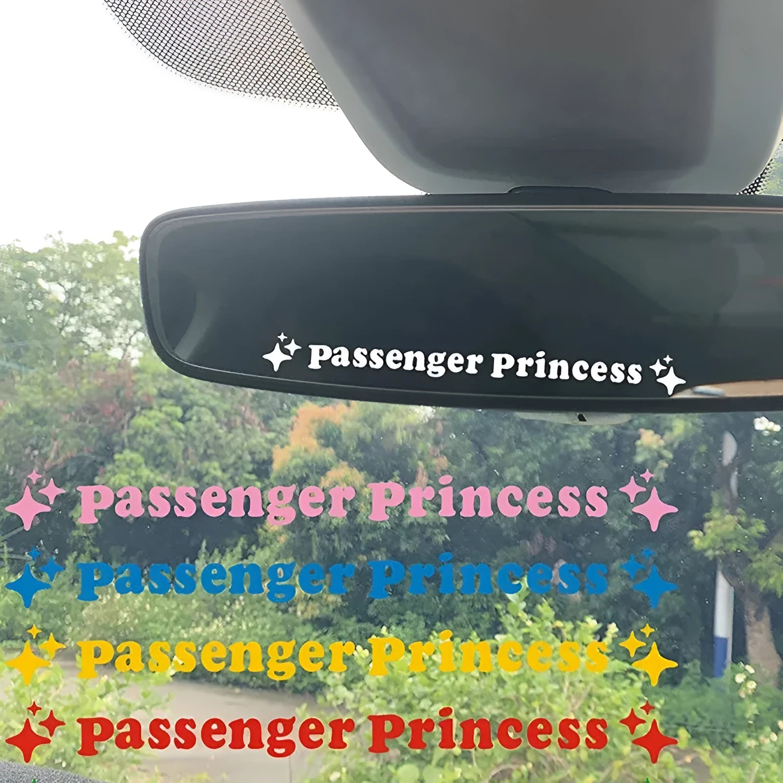 Passenger Princess rearview mirror decorative sticker in reflective white, measuring 12.5cm, on a car mirror