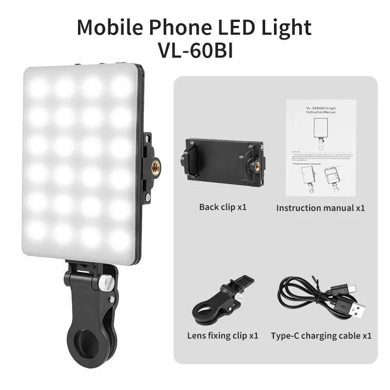 LED pocket fill light with clip for mobile phone, live broadcast and portable photography use, available in tricolor and RGB versions