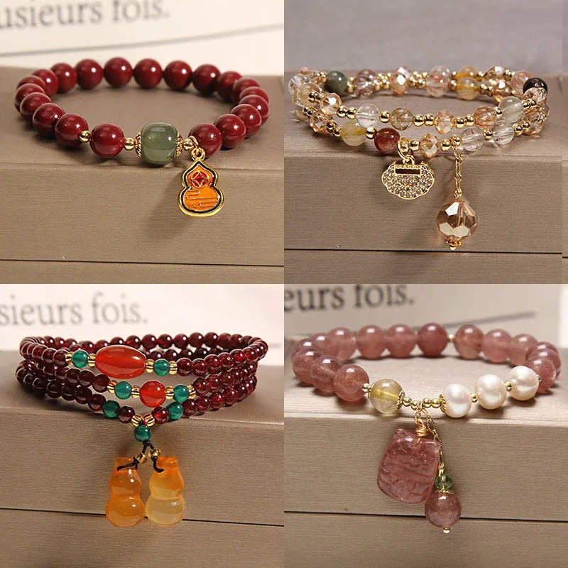 Multi-layer natural pearl and strawberry quartz crystal bracelet with jinsi jade gourd pendant for women